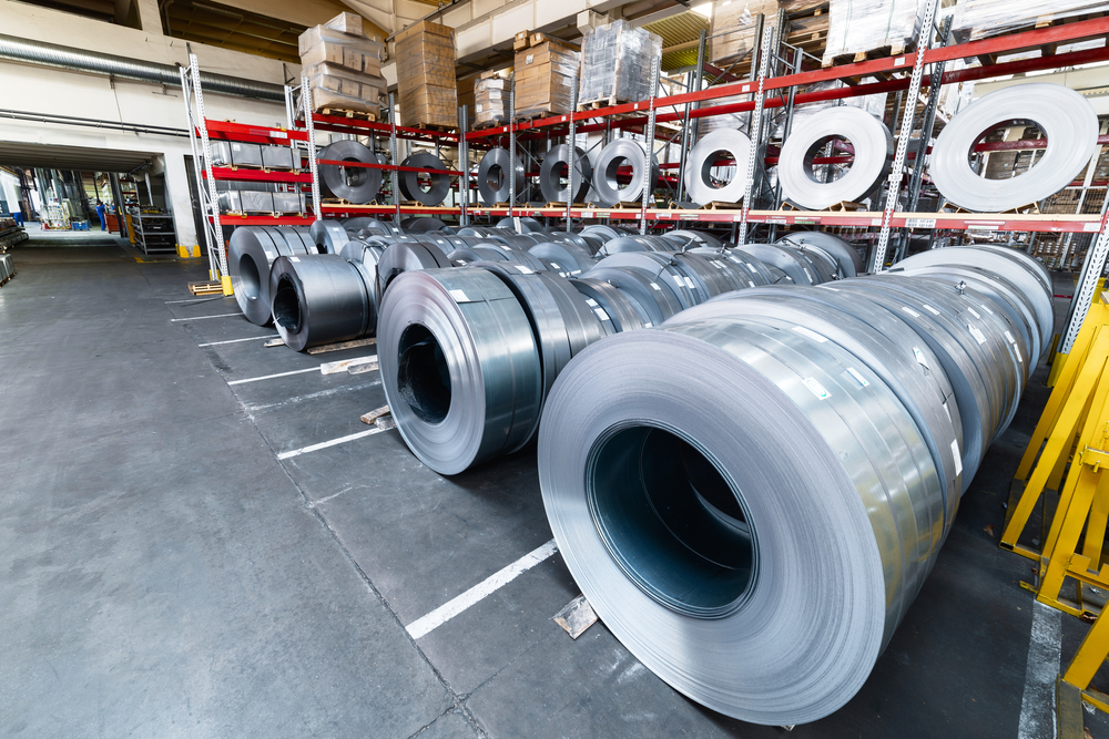 Tiered,rack,with,sheet,metal,rolls.,internal,warehouse,of,raw