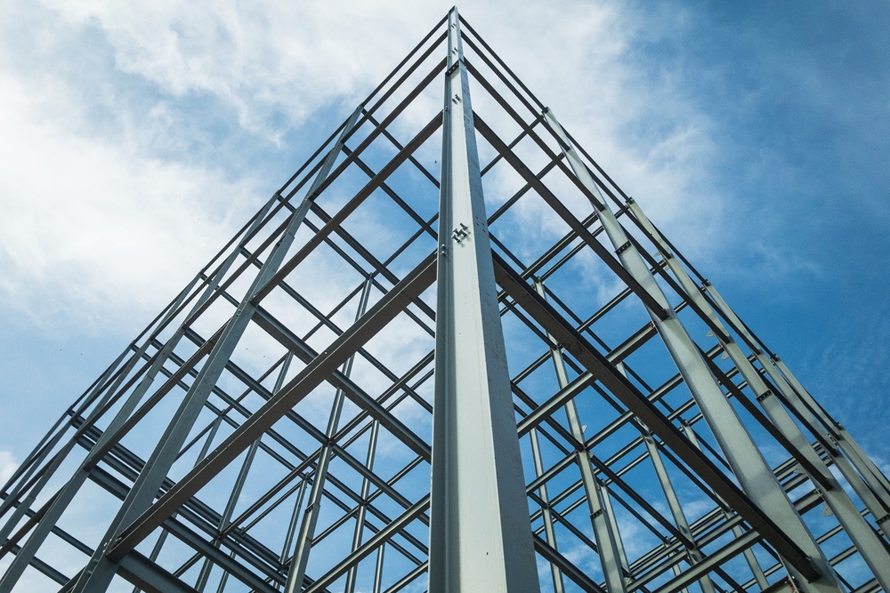 Structure,of,steel,for,building,construction,on,sky,background.